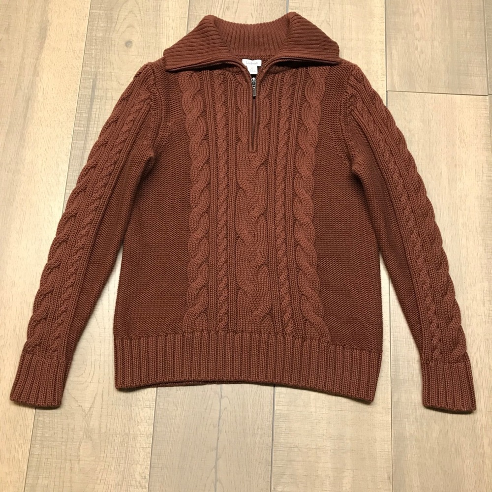 L.L. Bean Double L Sweater Womens M Brown Cable Knit 1/4 Zip Midweight Fisherman